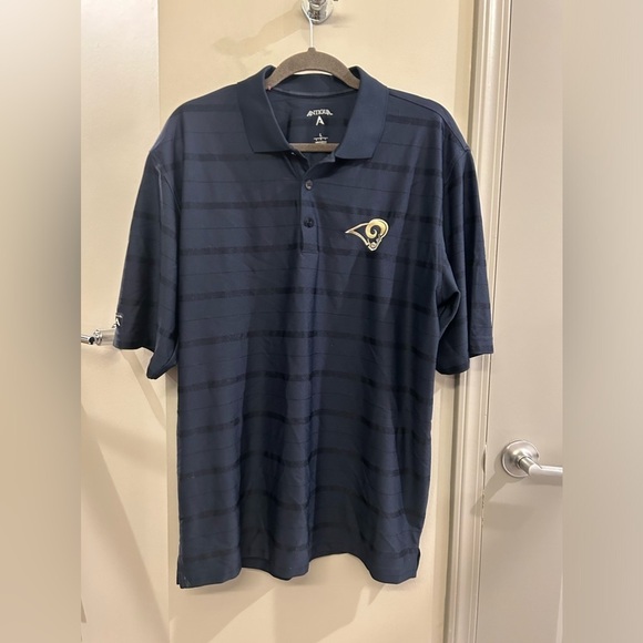 Antigua Polo Shirt Men’s Large Football Rams Short Sleeve Navy Blue Stripes - Picture 1 of 9